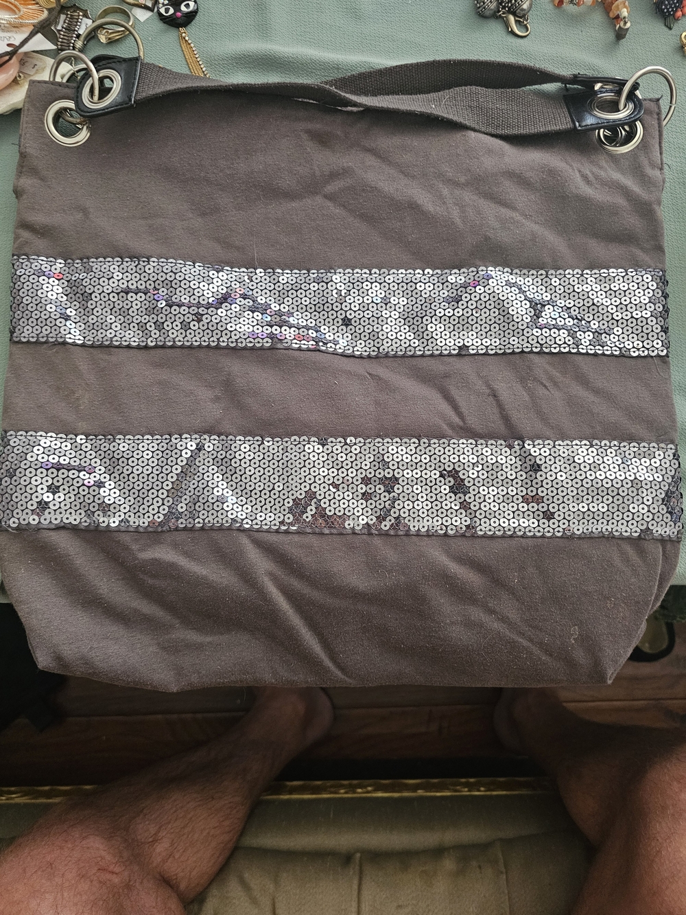 Sequined Stripe Canvas Shoulder Bag - Gray